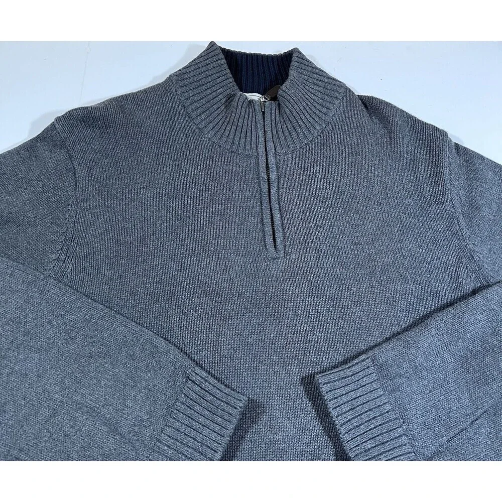 LL Bean 1/4 Zip Grey Cotton Knit Mock Neck Pullover Sweater Men's Size XL